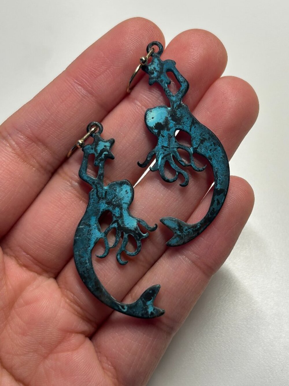 Blue Green Mermaid Statement Dangle Earrings Boho Chic Unique Eclectic Bold